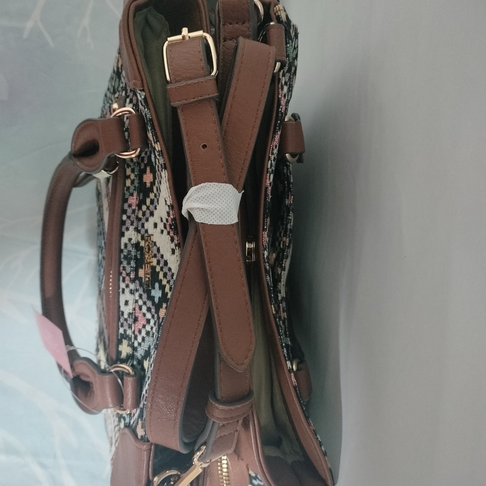 Rosetti Geometric Patterned Satchel with Brown Ac… - image 4